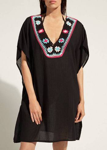 Cover Ups Damskie Calzedonia Crochet Neckline Kaftan Czarne | PL2074VD