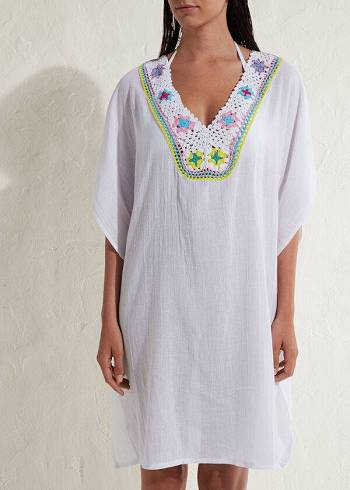 Cover Ups Damskie Calzedonia Crochet Neckline Kaftan Białe | PL2075BC