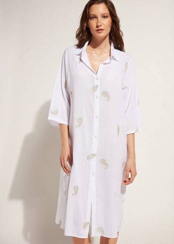 Cover Ups Damskie Calzedonia Embroidered Paisley Lamé Midi Shirt Białe | PL2079WY