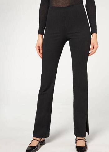 Jeansy Damskie Calzedonia High-Stanem Flared in Denim with Slits Czarne | PL2598FM