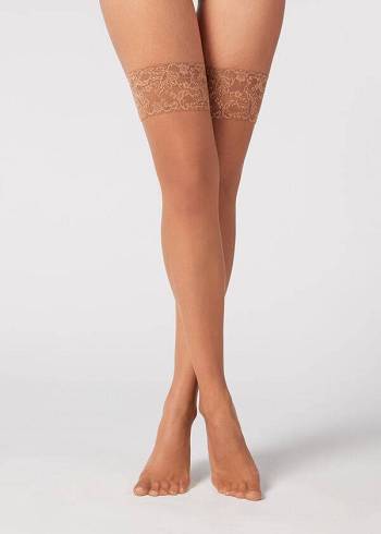 Pończochy Damskie Calzedonia 8 Denier Ultra Sheer Thigh-Highs Beżowe Brązowe | PL1254OR